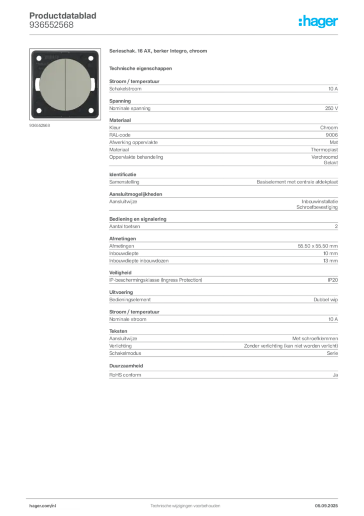 Afbeelding Hager Productdatablad 936552568 | Hager Nederland