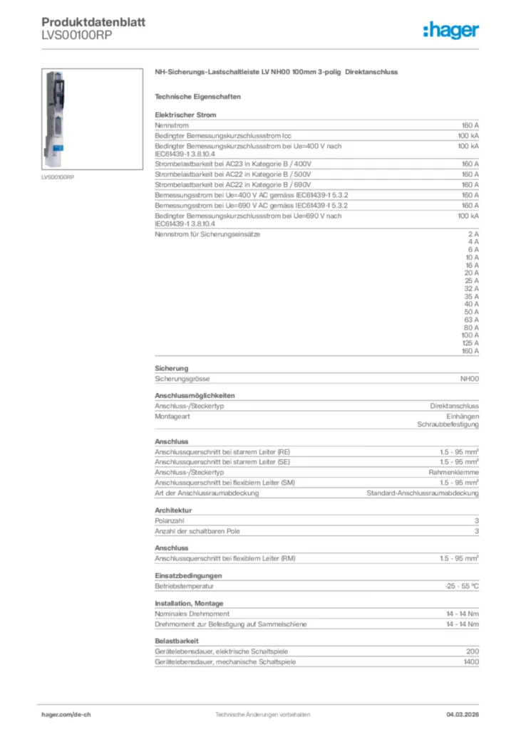 Bild Hager Produktdatenblatt LVS00100RP | Hager Schweiz