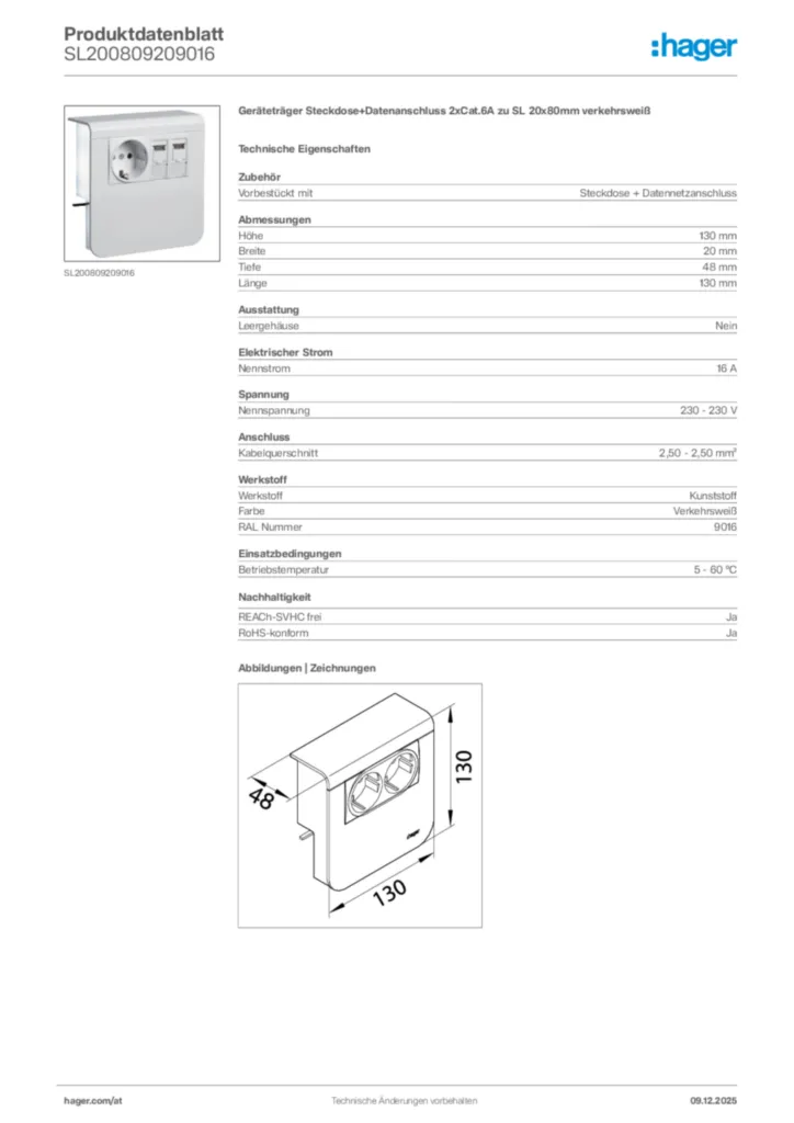 Bild Hager Produktdatenblatt SL200809209016 | Hager Deutschland