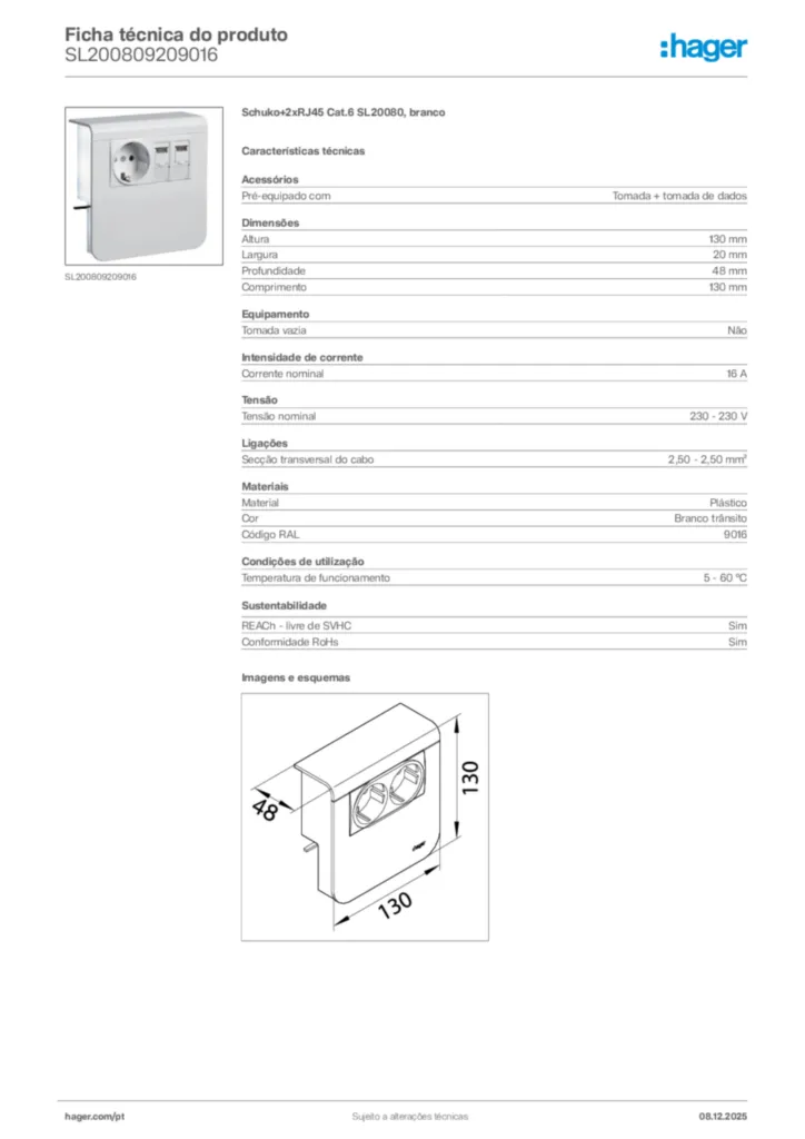 Imagem Hager Ficha técnica do produto SL200809209016 | Hager Portugal