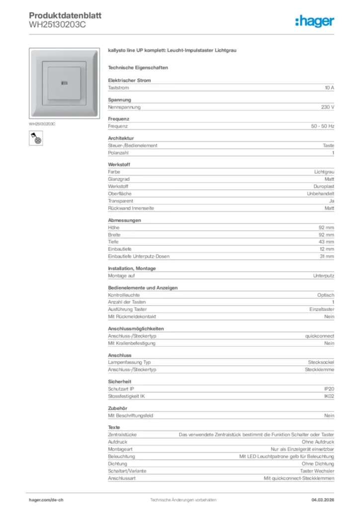 Bild Hager Produktdatenblatt WH25130203C | Hager Schweiz