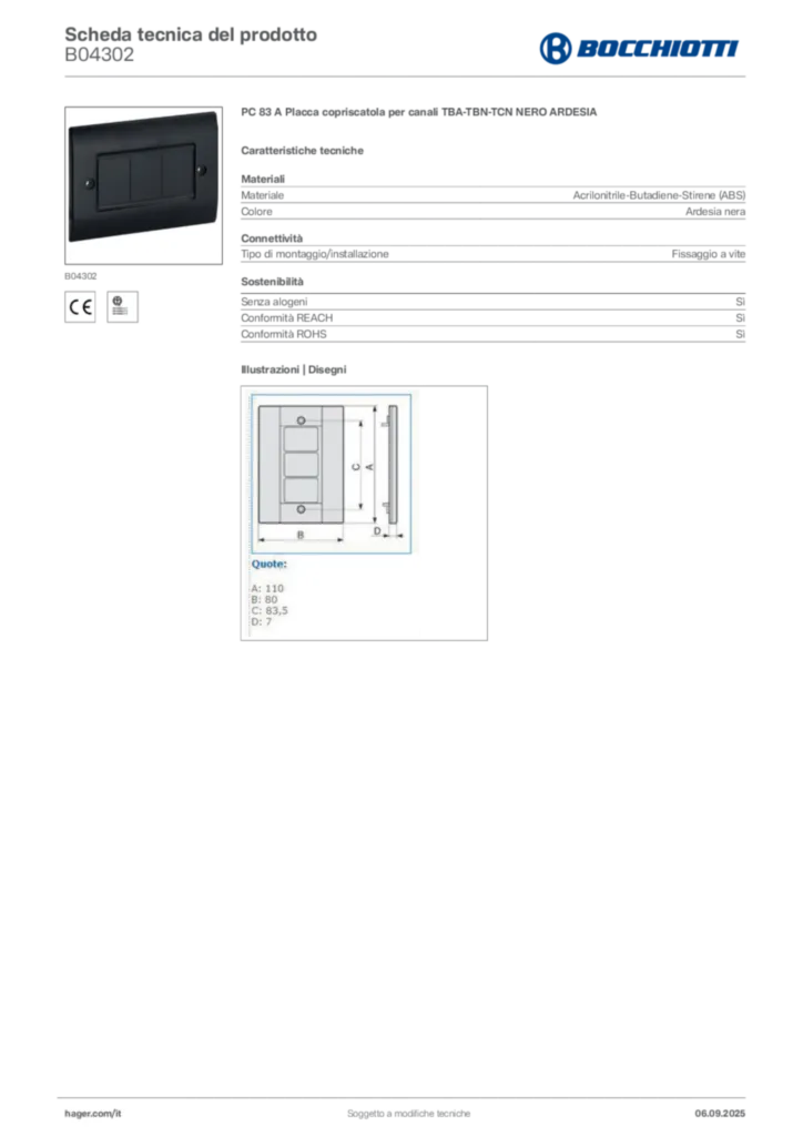 Immagine Bocchiotti Scheda tecnica del prodotto B04302 | Hager Italia