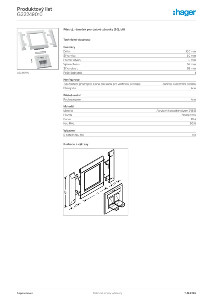 Obrázek Hager Produktový list G32249010 | Hager