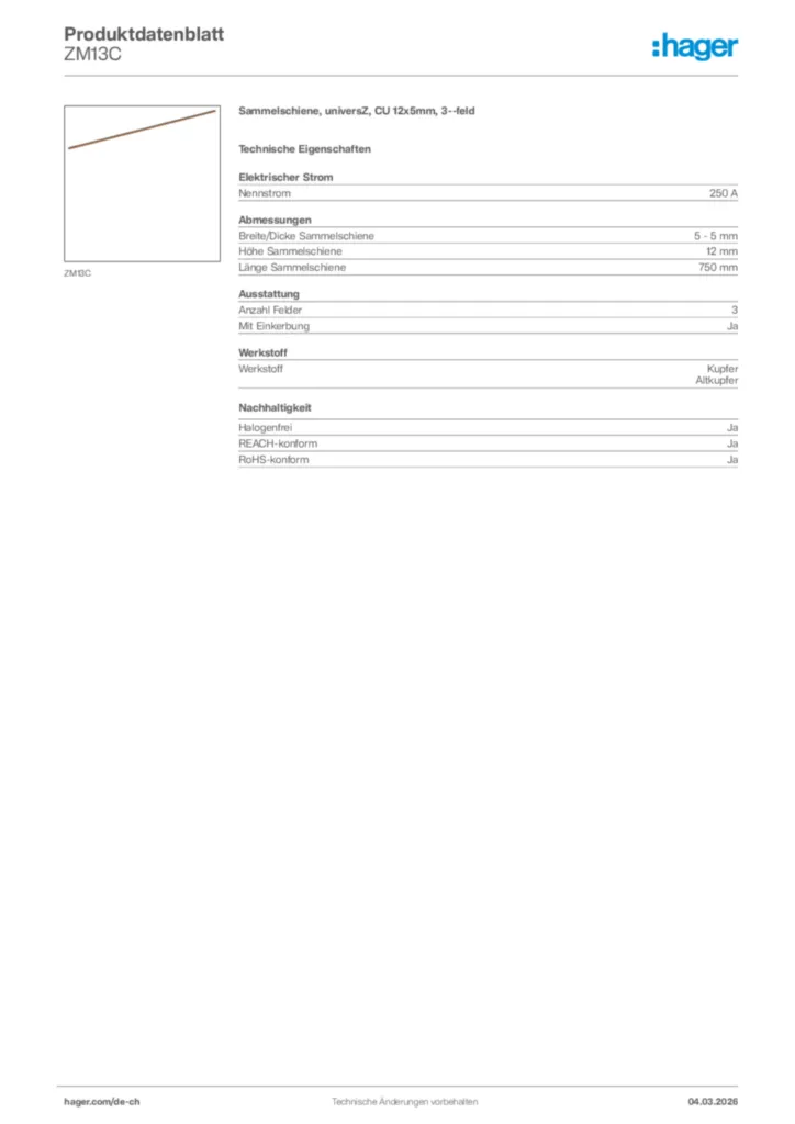 Bild Hager Produktdatenblatt ZM13C | Hager Schweiz
