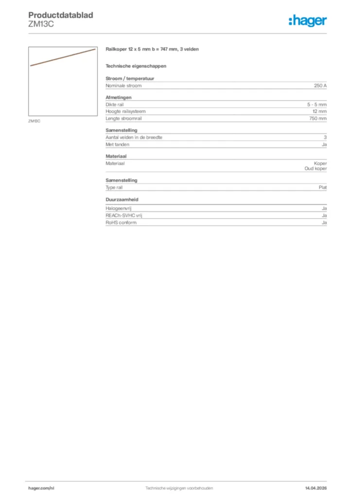 Afbeelding Hager Productdatablad ZM13C | Hager Nederland