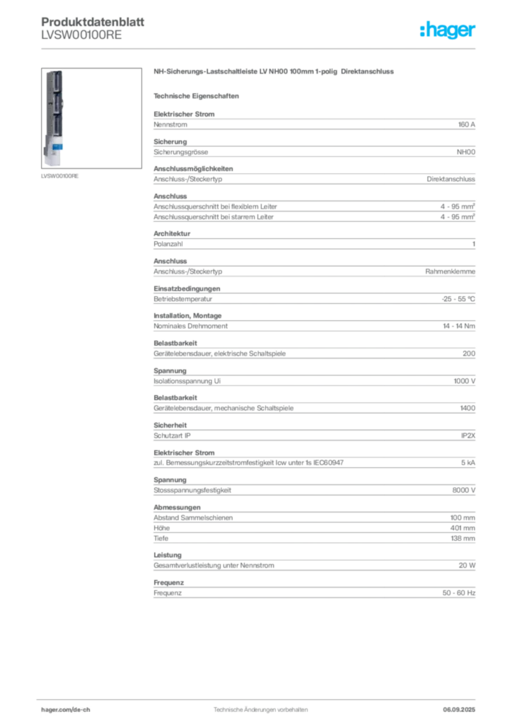 Bild Hager Produktdatenblatt LVSW00100RE | Hager Schweiz