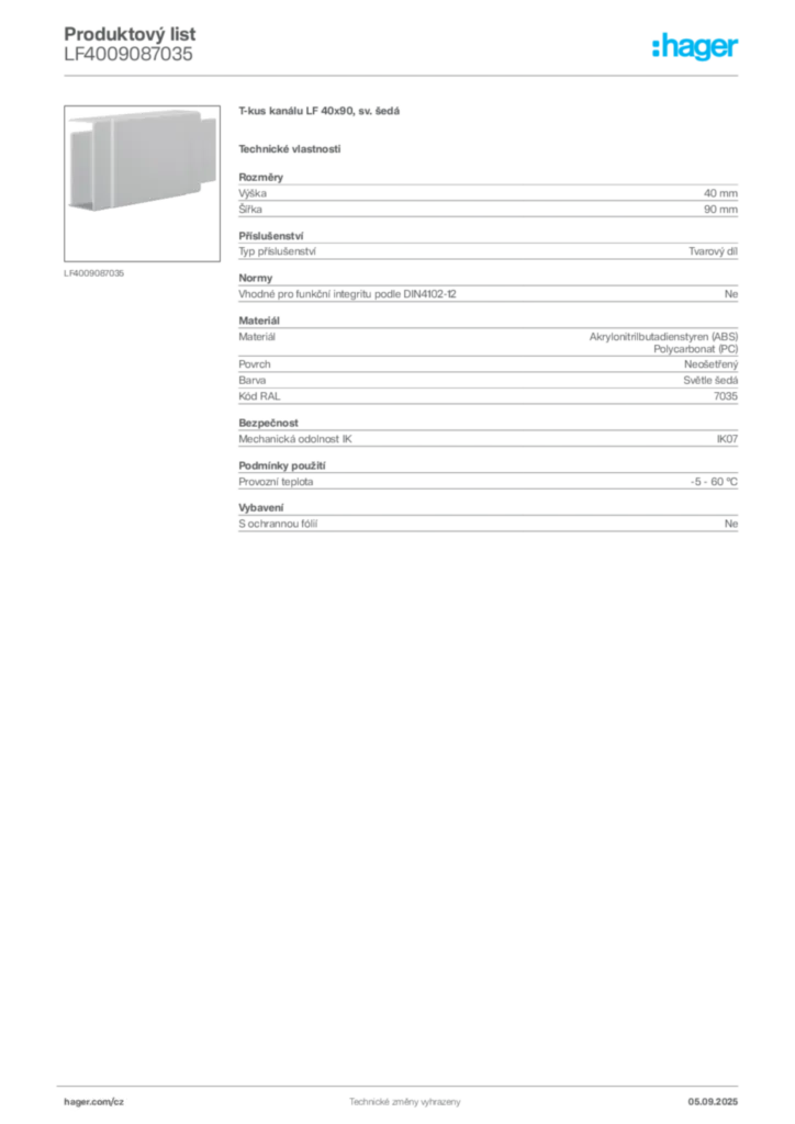 Obrázek Hager Produktový list LF4009087035 | Hager