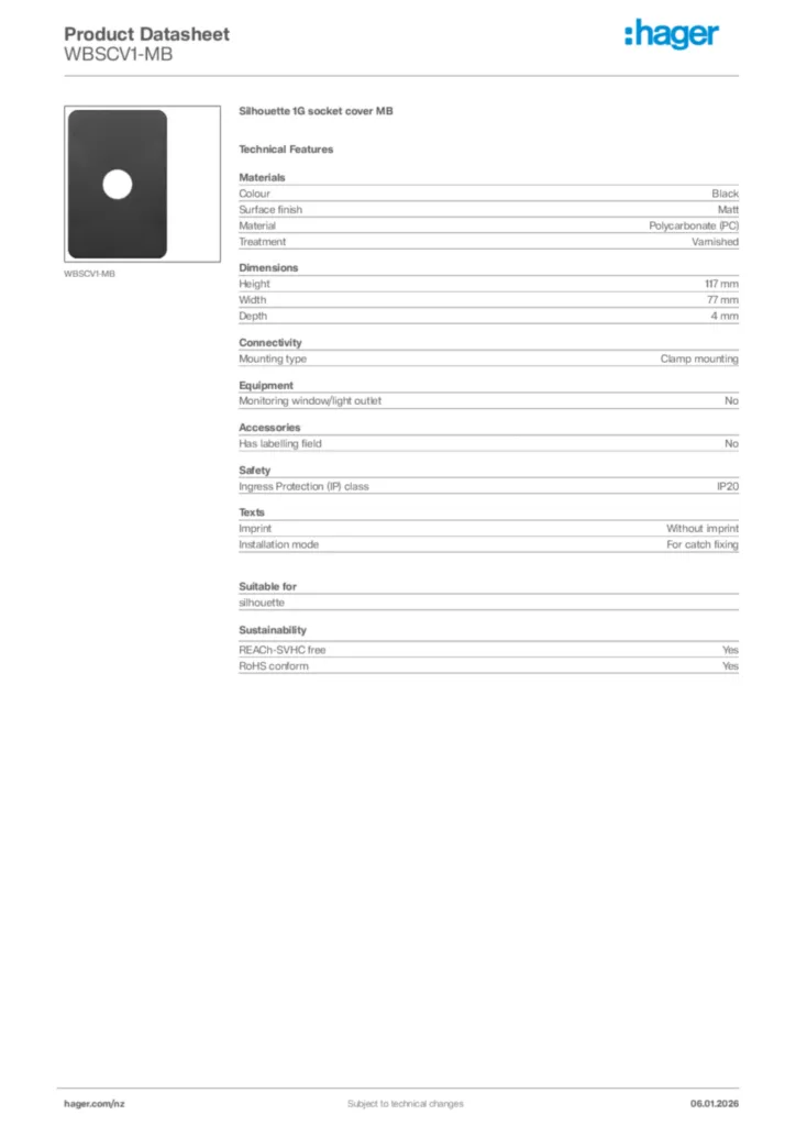 Image Hager Product data sheet WBSCV1-MB  | Hager New Zealand