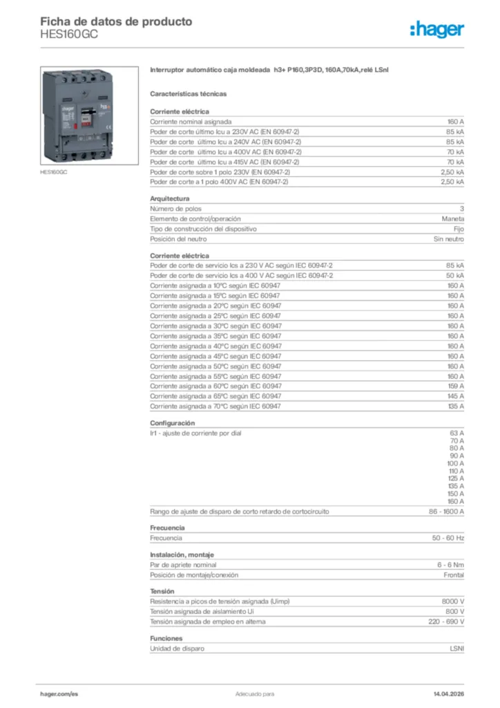 Imagen Hager Ficha de datos de producto HES160GC | Hager España