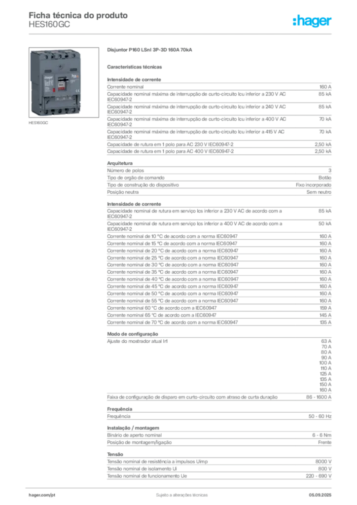 Imagem Hager Ficha técnica do produto HES160GC | Hager Portugal