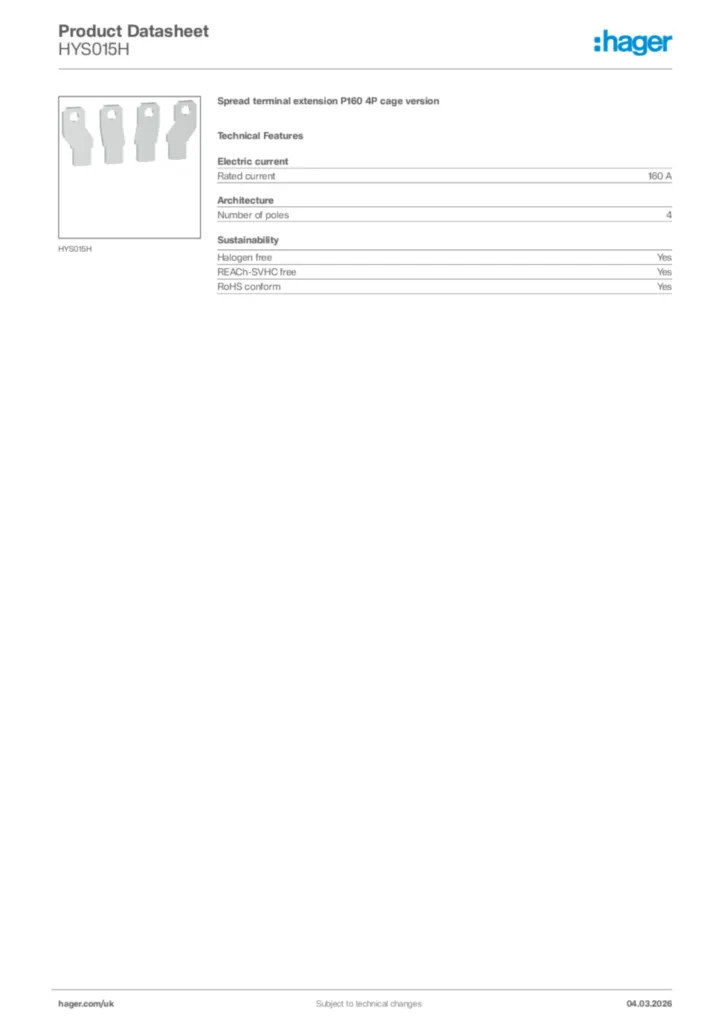 Image Hager Product data sheet HYS015H  | Hager