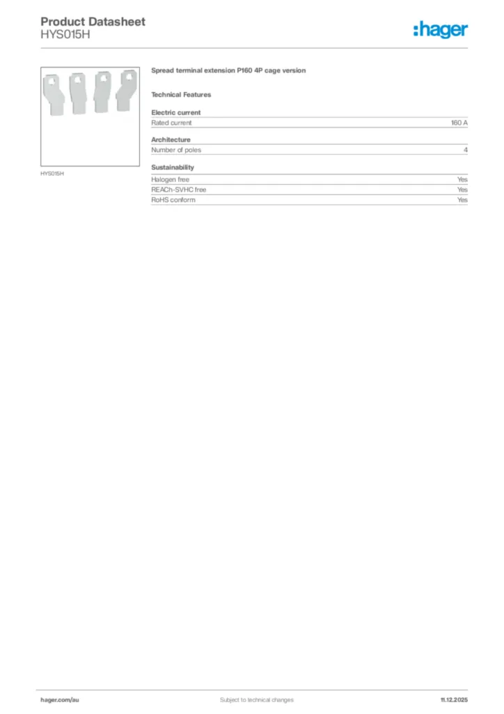 Image Hager Product data sheet HYS015H  | Hager Australia