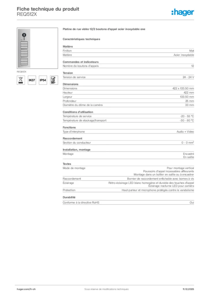 Image Hager Fiche technique du produit REQ512X | Hager Suisse