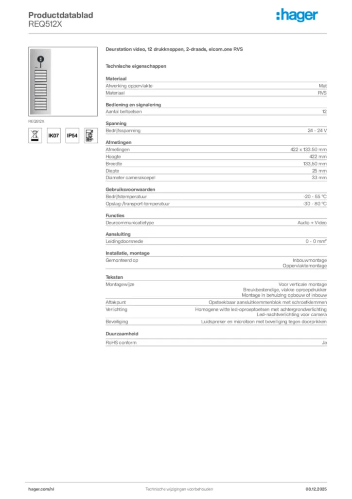 Afbeelding Hager Productdatablad REQ512X | Hager Nederland