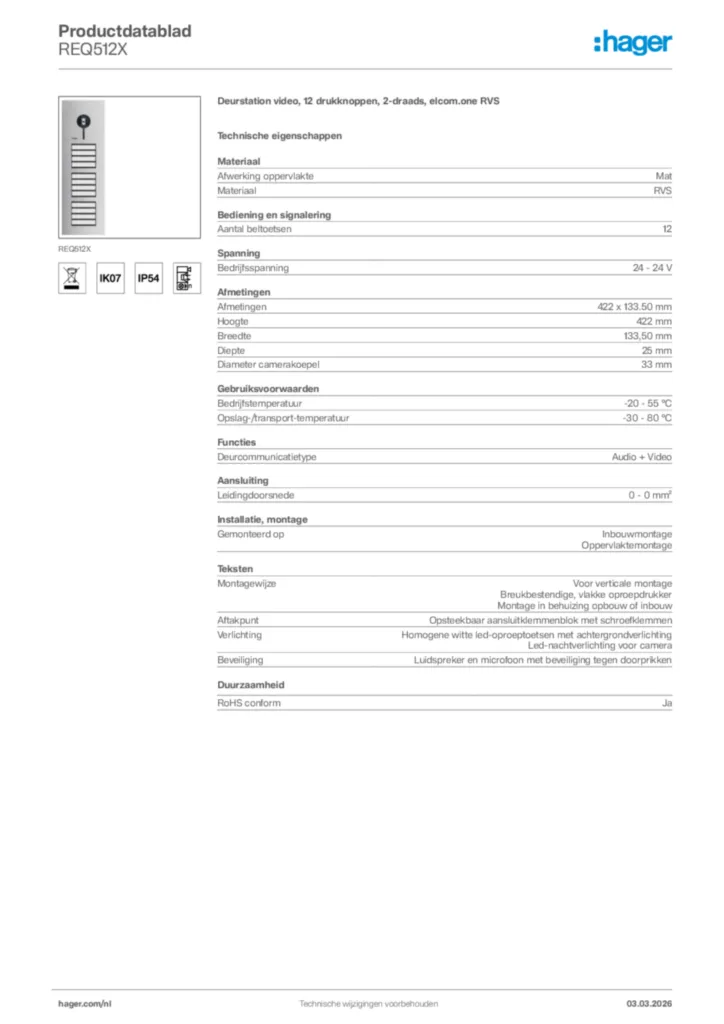 Afbeelding Hager Productdatablad REQ512X | Hager Nederland