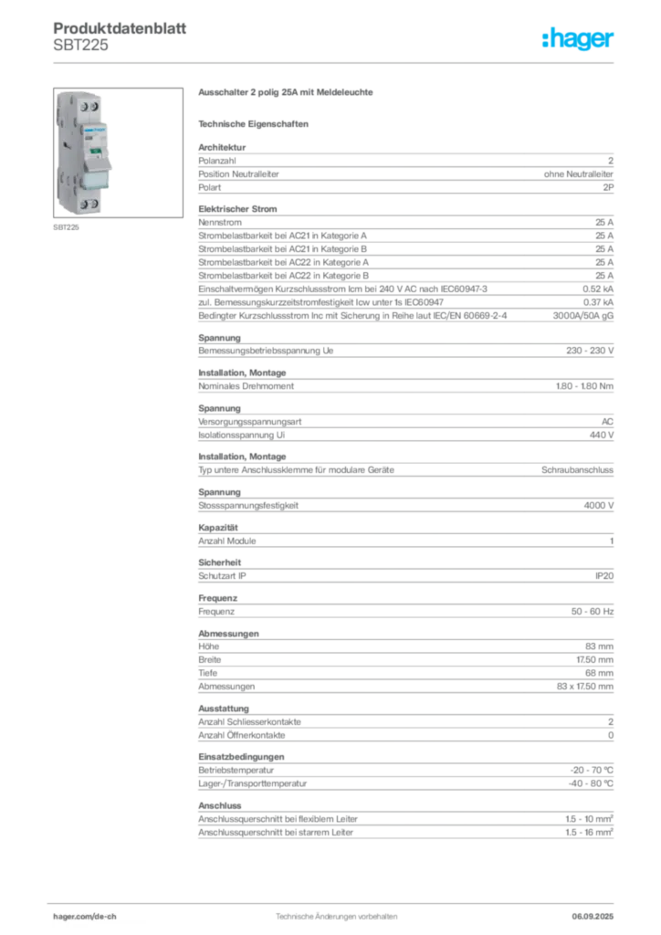 Bild Hager Produktdatenblatt SBT225 | Hager Schweiz