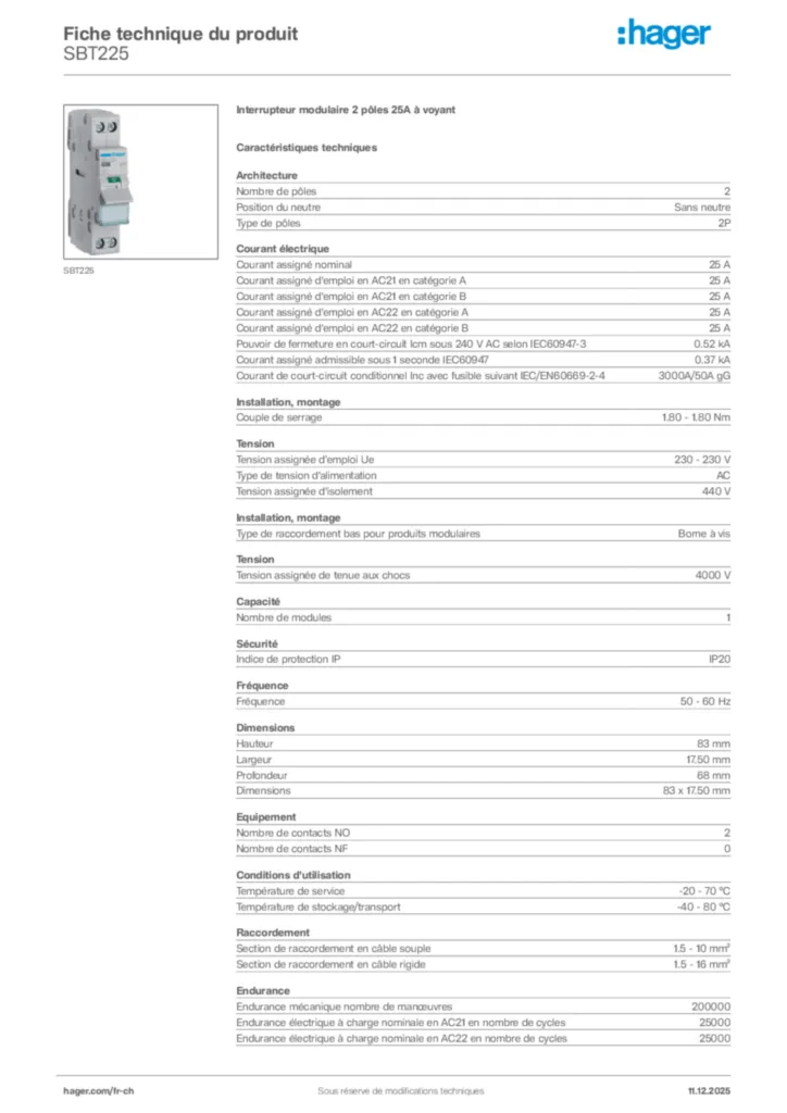 Image Hager Fiche technique du produit SBT225 | Hager Suisse