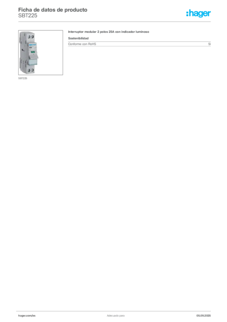 Imagen Hager Ficha de datos de producto SBT225 | Hager España