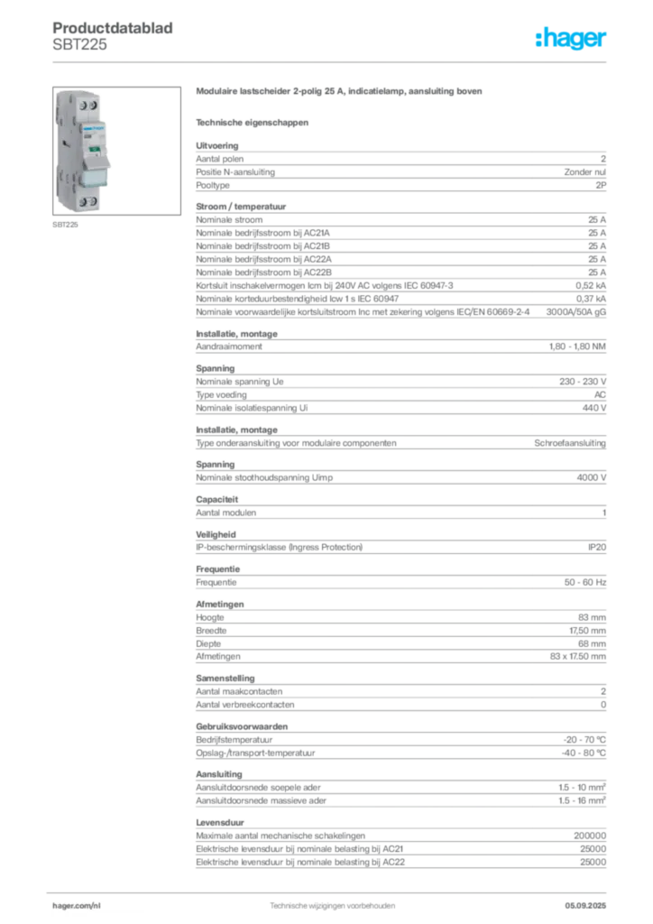 Afbeelding Hager Productdatablad SBT225 | Hager Nederland