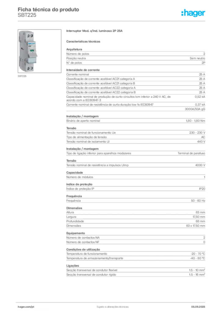 Imagem Hager Ficha técnica do produto SBT225 | Hager Portugal