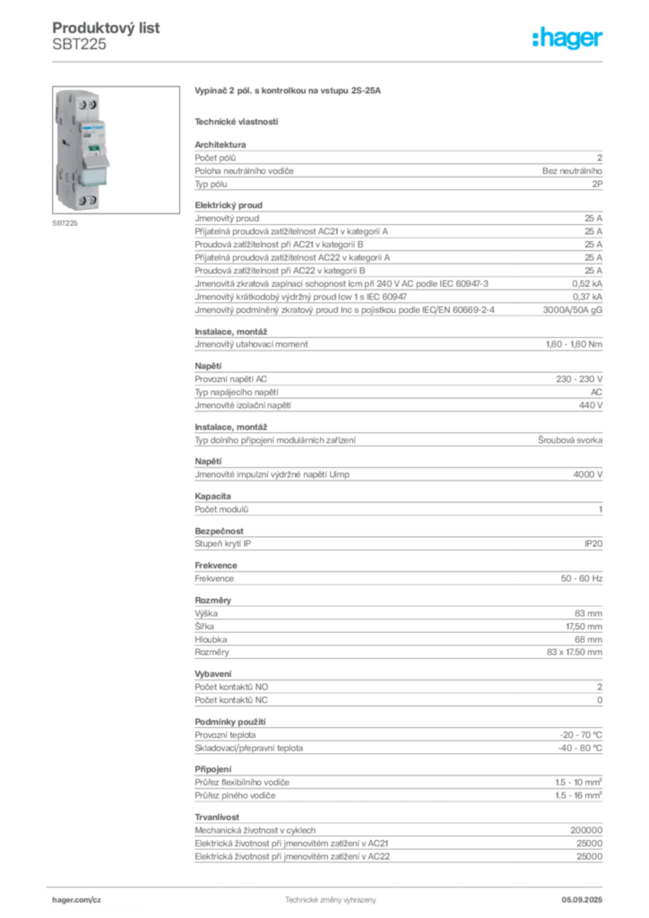 Obrázek Hager Produktový list SBT225 | Hager