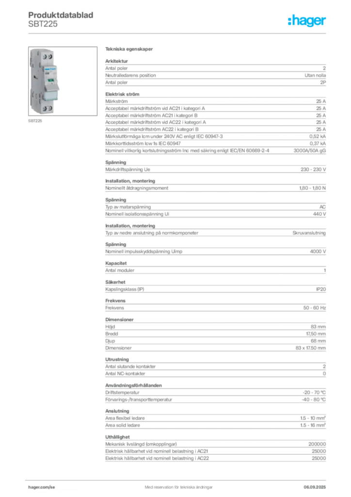 Bild Hager Produktdatablad SBT225 | Hager Sverige