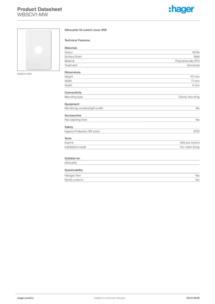 Image Hager Product data sheet WBSCV1-MW  | Hager New Zealand