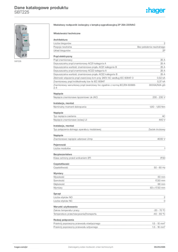 Zdjęcie Hager Dane katalogowe produktu SBT225 | Hager Polska
