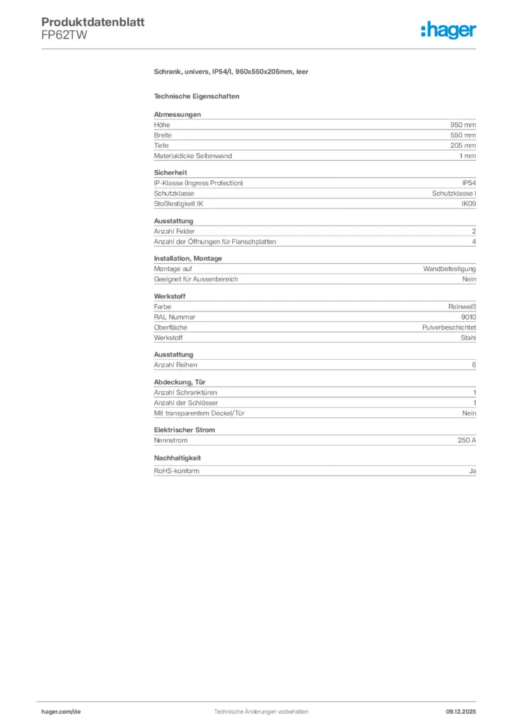 Bild Hager Produktdatenblatt FP62TW | Hager Deutschland