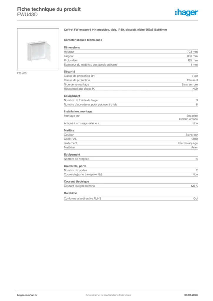 Image Hager Fiche technique du produit FWU43D | Hager Afrique