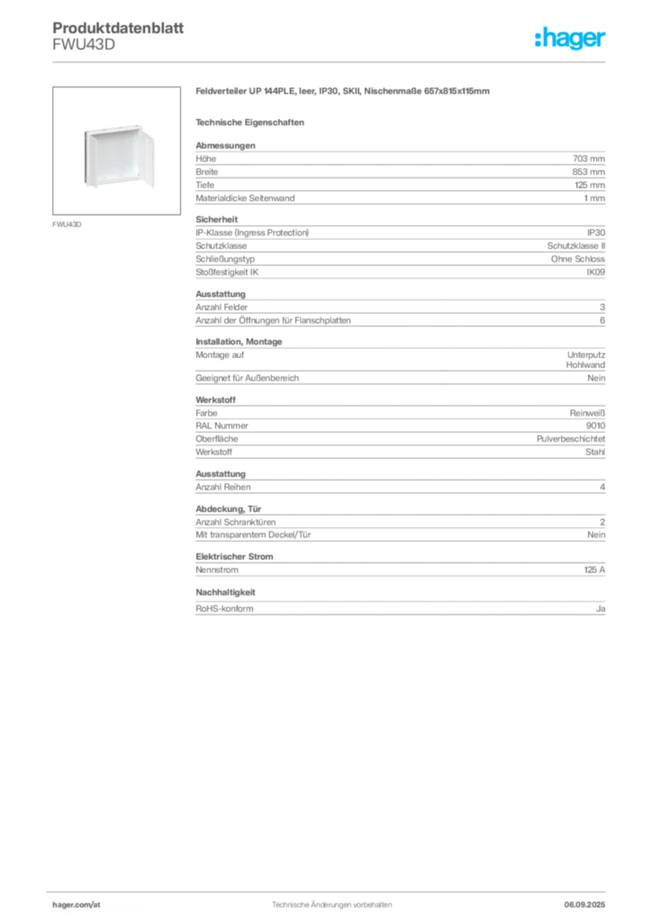 Bild Hager Produktdatenblatt FWU43D | Hager Deutschland