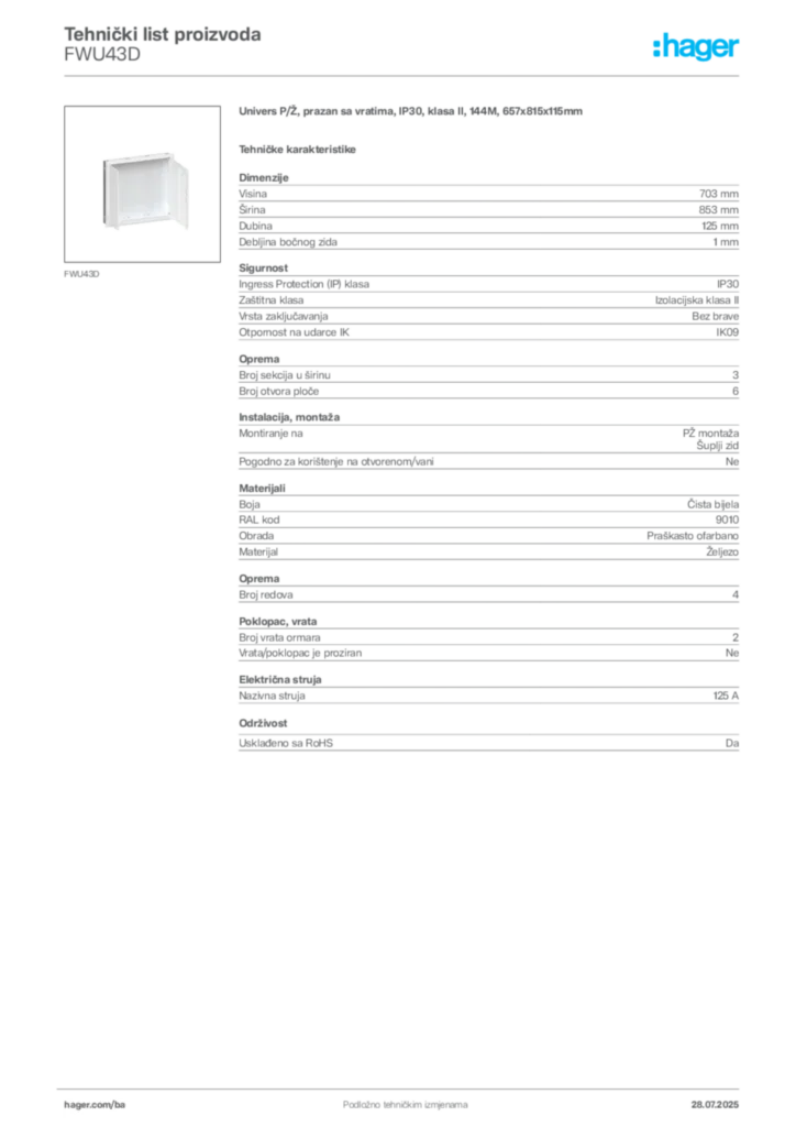 Slika Hager Product data sheet FWU43D  | Hager