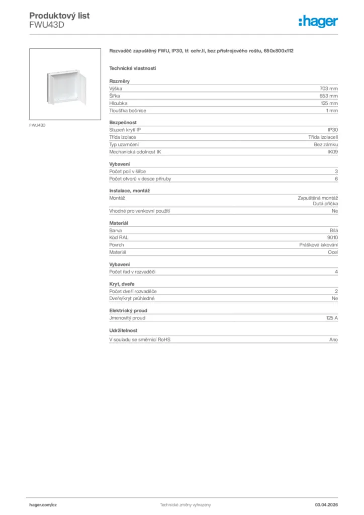 Obrázek Hager Product data sheet FWU43D | Hager