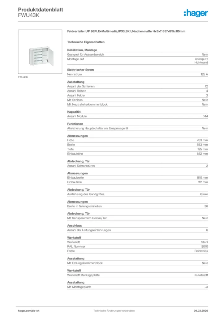 Bild Hager Produktdatenblatt FWU43K | Hager Schweiz