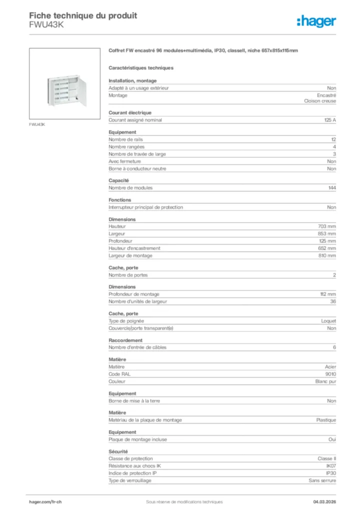 Image Hager Fiche technique du produit FWU43K | Hager Suisse