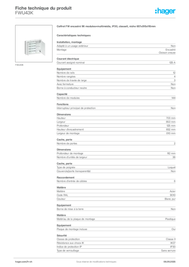 Image Hager Fiche technique du produit FWU43K | Hager Suisse