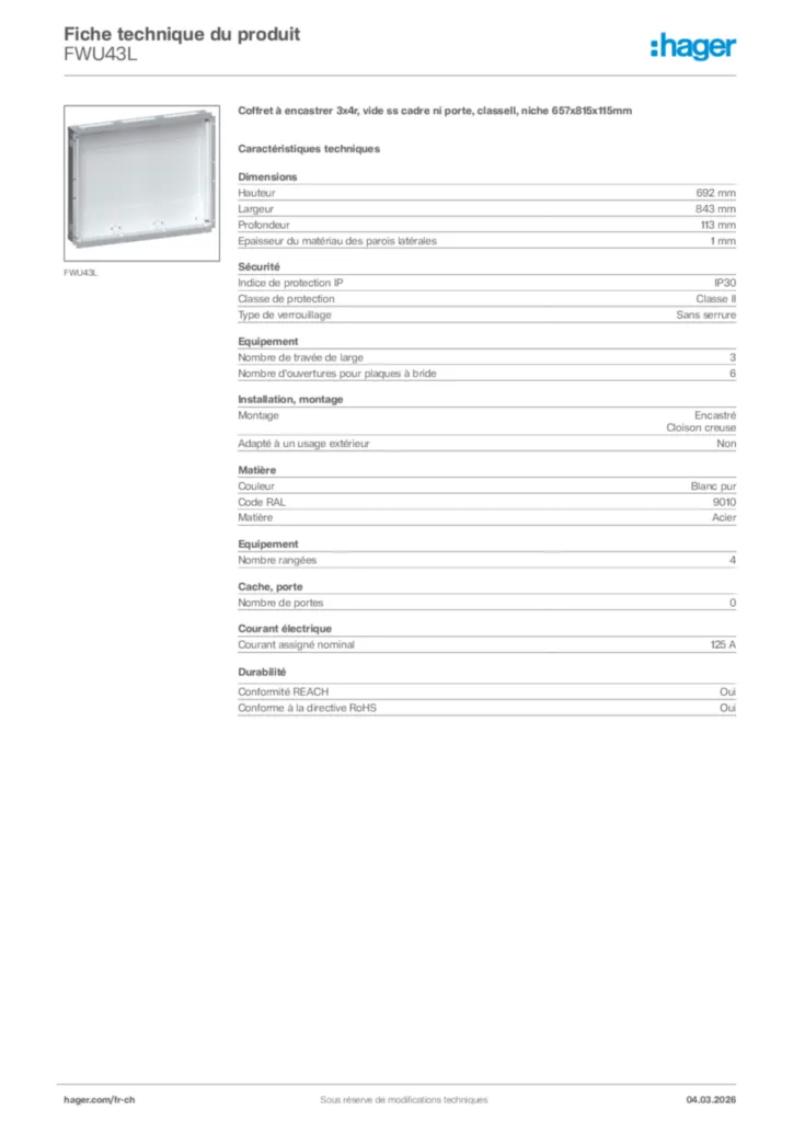 Image Hager Fiche technique du produit FWU43L | Hager Suisse