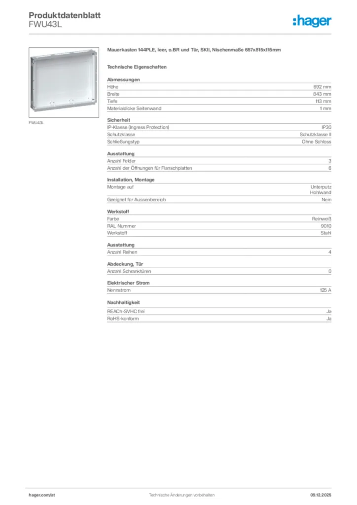 Bild Hager Produktdatenblatt FWU43L | Hager Deutschland