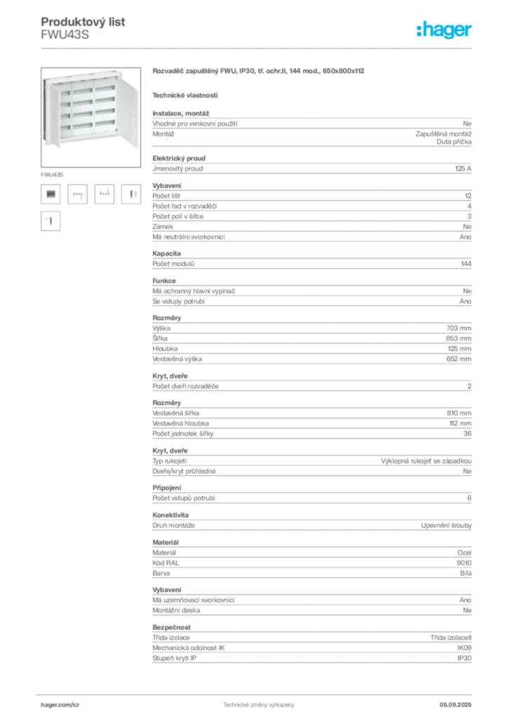Obrázek Hager Produktový list FWU43S | Hager