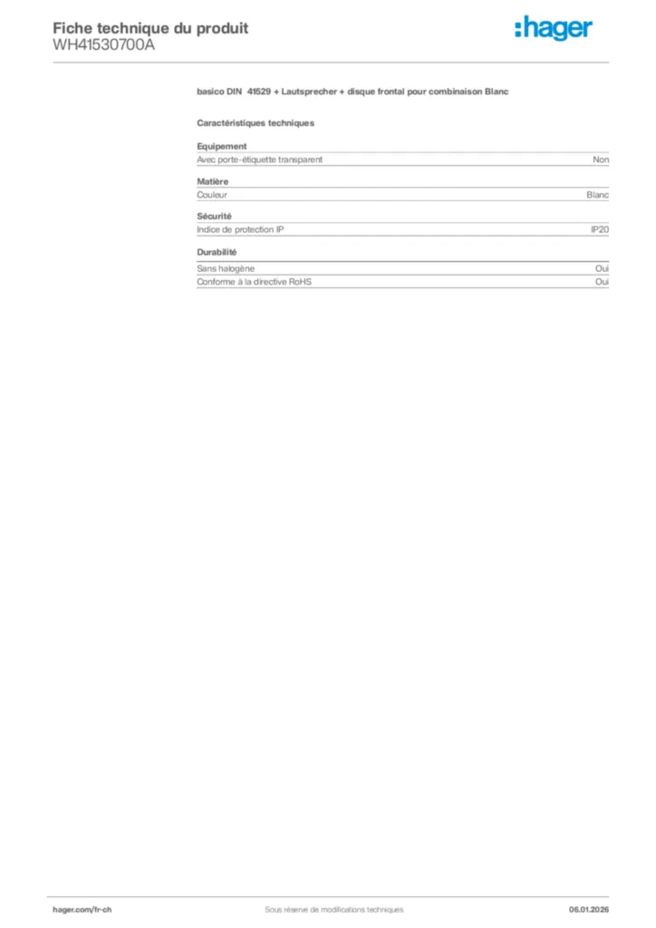 Image Hager Fiche technique du produit WH41530700A | Hager Suisse