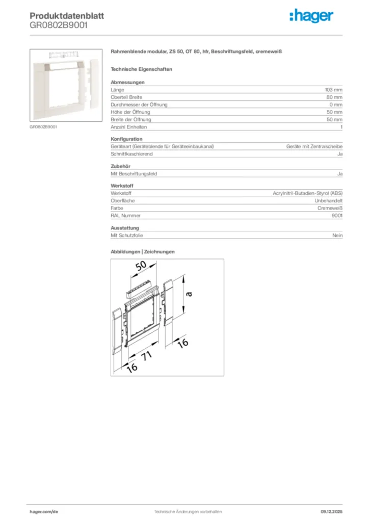 Bild Hager Produktdatenblatt GR0802B9001 | Hager Deutschland
