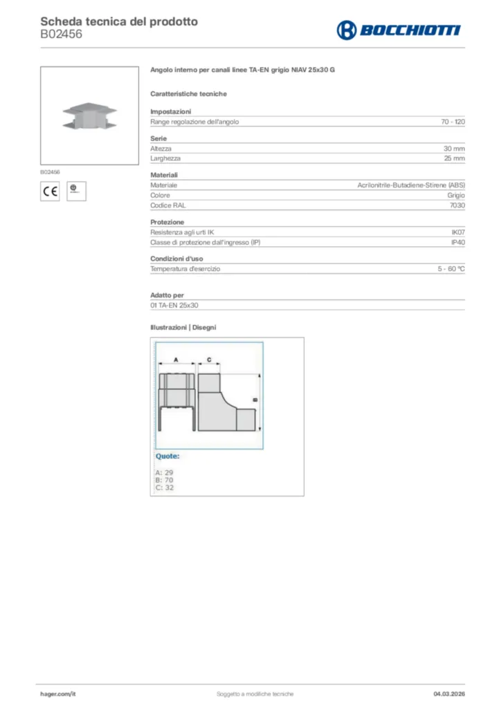 Immagine Bocchiotti Scheda tecnica del prodotto B02456 | Hager Italia