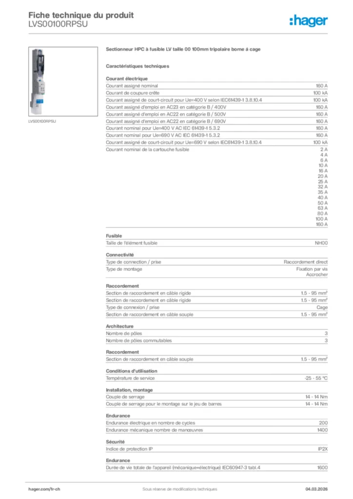 Image Hager Fiche technique du produit LVS00100RPSU | Hager Suisse