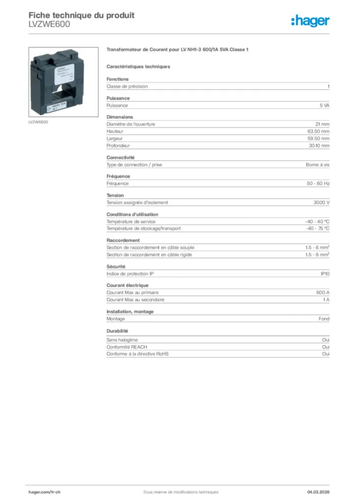 Image Hager Fiche technique du produit LVZWE600 | Hager Suisse