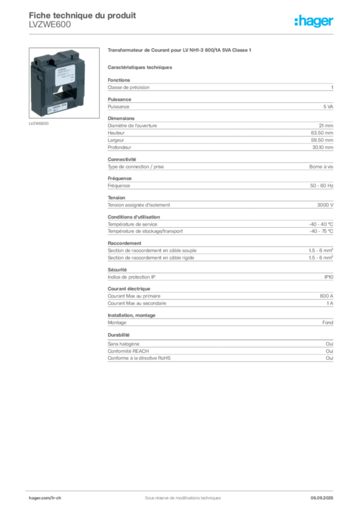 Image Hager Fiche technique du produit LVZWE600 | Hager Suisse