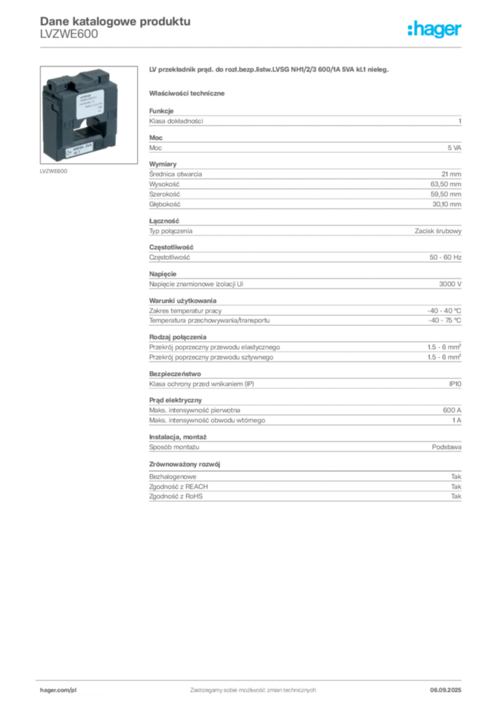 Zdjęcie Hager Dane katalogowe produktu LVZWE600 | Hager Polska