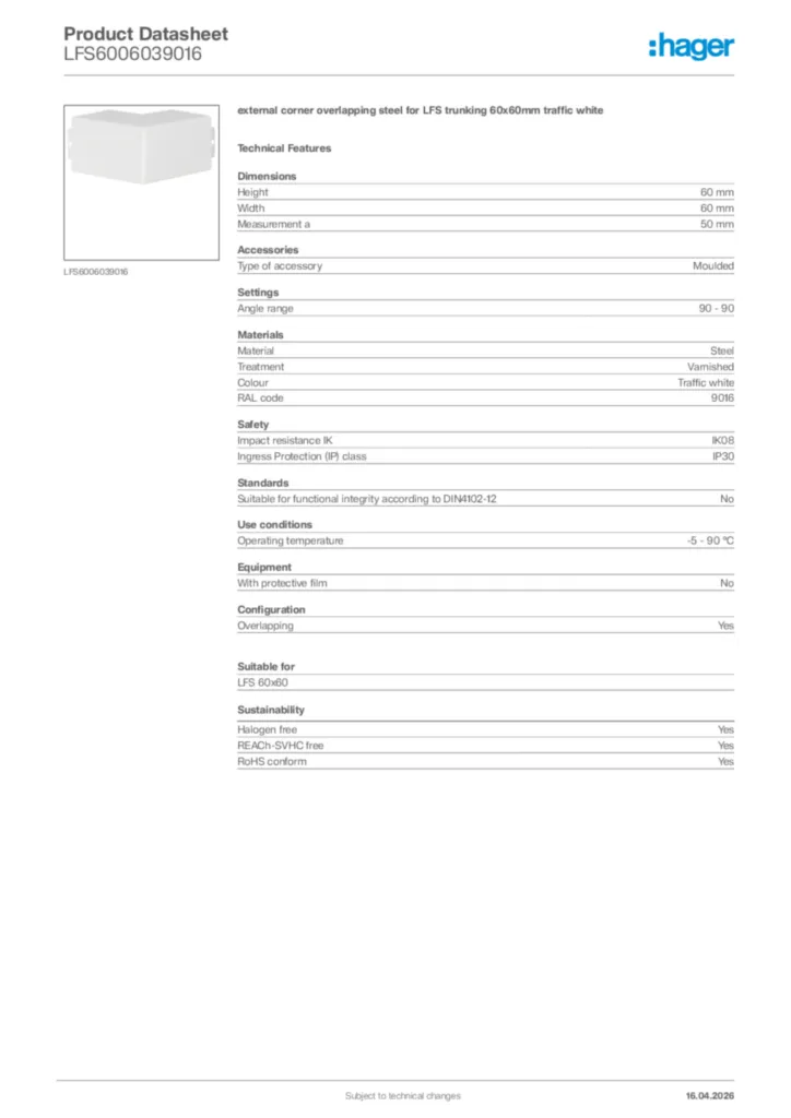 Image Hager Product data sheet LFS6006039016  | Hager Africa