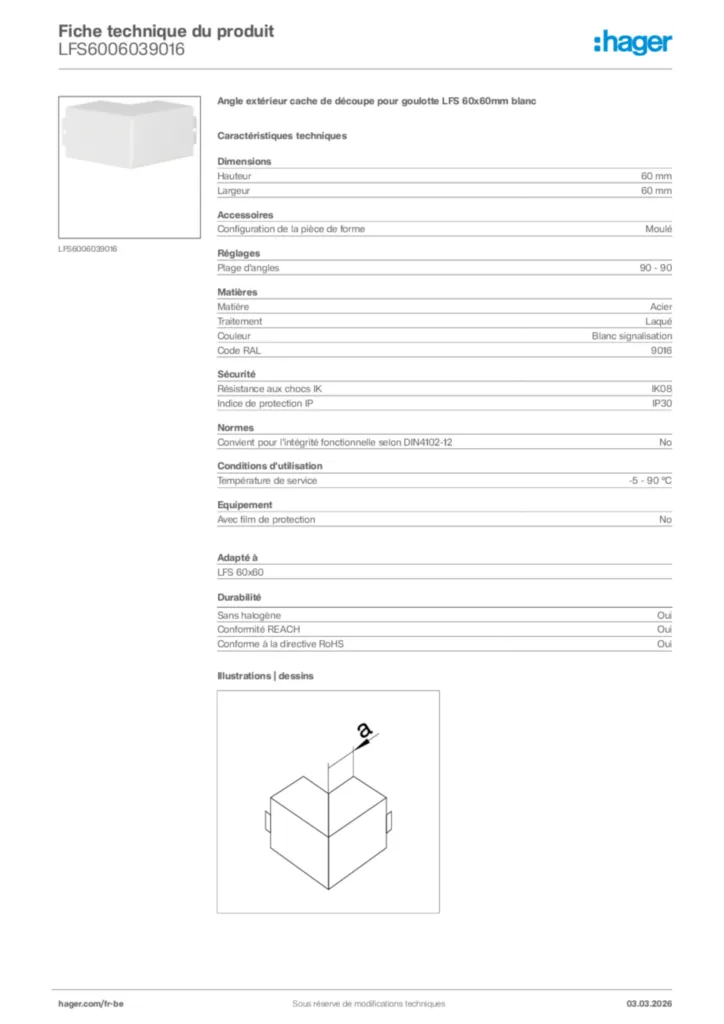 Image Hager Fiche technique du produit LFS6006039016 | Hager Belgique