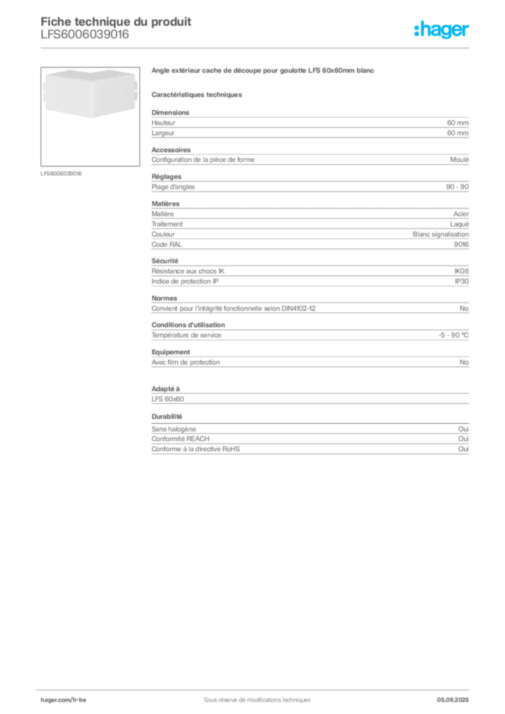 Image Hager Fiche technique du produit LFS6006039016 | Hager Belgique