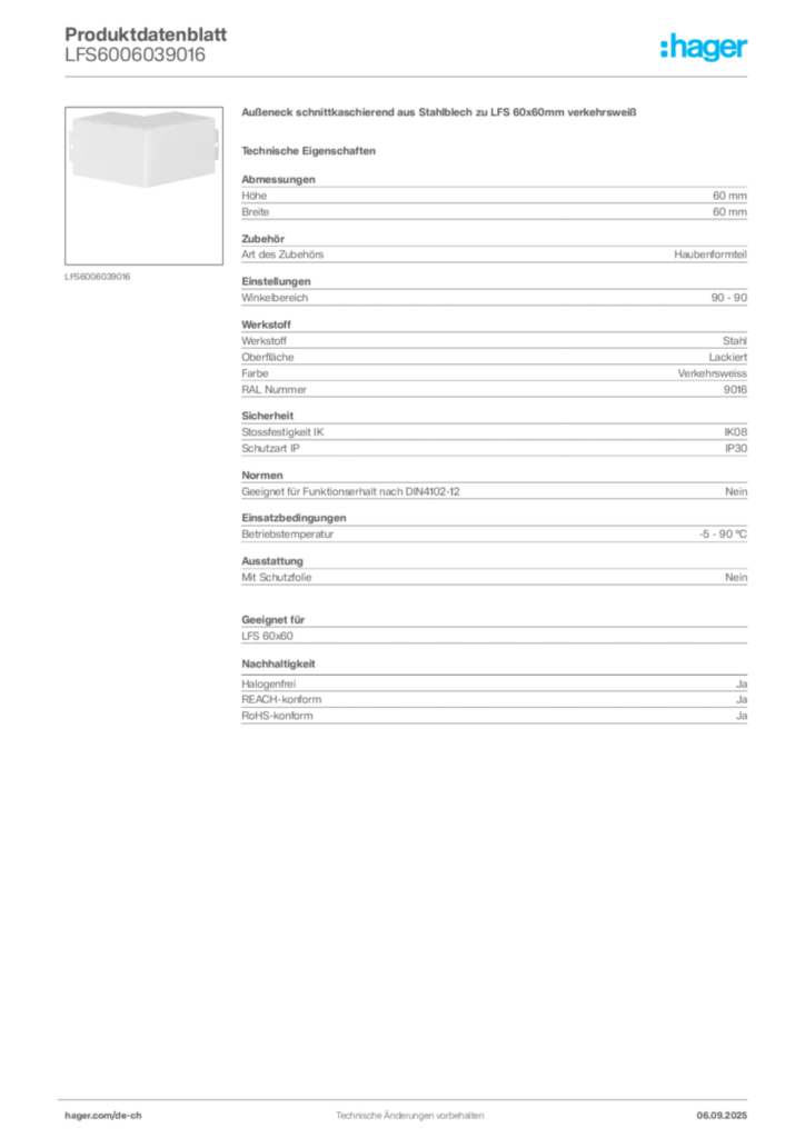 Bild Hager Produktdatenblatt LFS6006039016 | Hager Schweiz